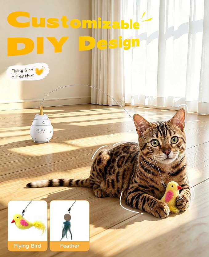 ROJECO Interactive Cat Toys,2 in 1 Automatic Cat Toy with Flying Bird | 360°Rotation/3 Operating Modes/Customizable DIY/Suction Cup/800mA Battery/TypeC Rechargeable/Removable Clean/Service Warrant - Image 8