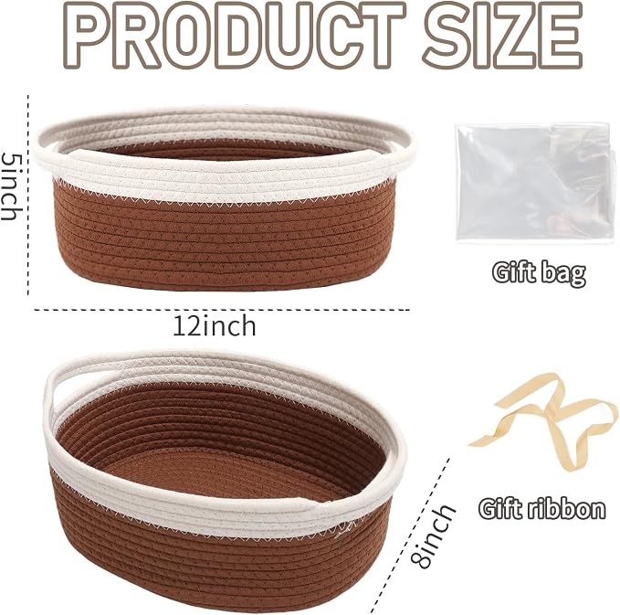 JMvicyroam Small Woven Basket, Empty Gift Basket, White&Brown/2 Pack | Small Gift Basket, Cotton Rope, 12 x 8 x 58 in, Handles, Includes Ribbon and Bag, Birthday Gift Basket - Image 2