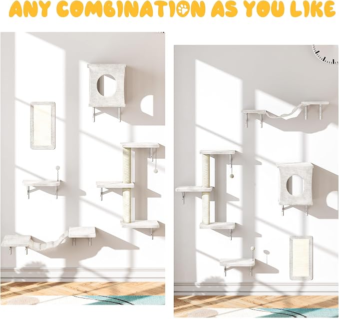 Cat Wall Shelves, 10-in-1 Wall-Mounted Cat Furniture Set | Large Cat Climber Set with House, Bridge, Steps, Scratcher, DIY Playground, Shelves for Indoor Wall Furniture Set, Beige - Image 3