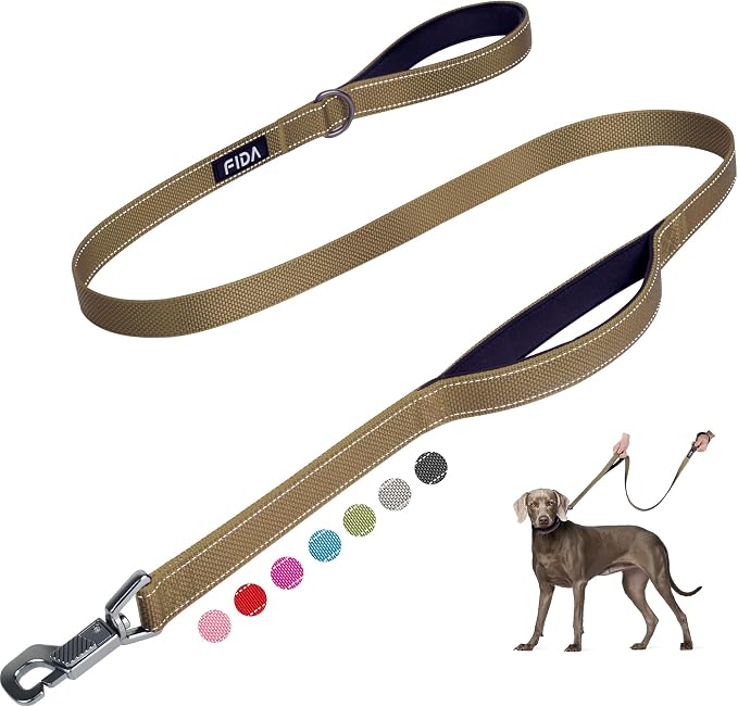 Fida Heavy Duty Dog Leash for Medium Large Dogs, 5 FT, Dual Padded Handles | Traffic Handle for Close Control, Advanced Easy Snap Hook, Reflective, Strong Nylon Webbing for Daily Walks & Training, Brown by Fida