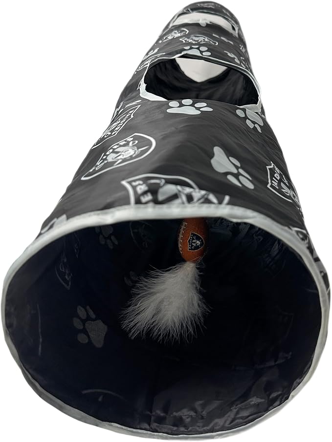 NFL Las Vegas Raiders Cat Tunnel Tube Toy with Plush Football Catnip and Feathers Collapsible Tunnel for Cats to Play, Peek and Hide, Sporty & Fun Cat Tunnel Toy with Team Logo All-Over Design! - Image 3