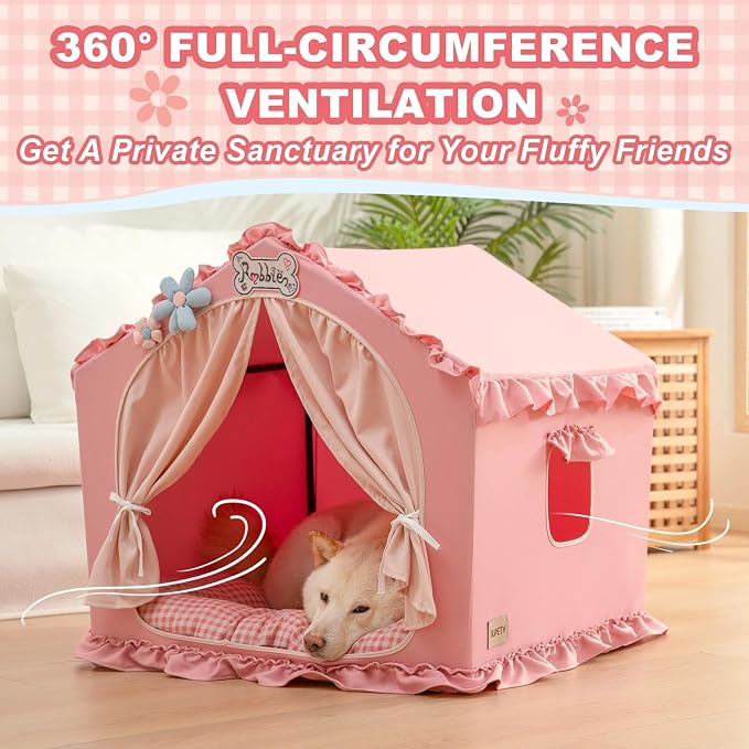 Indoor Dog House with Frame,Cute Dog Tent Bed with Cover Cave,Pink | Breathable,Washable,and Foldable House, Suitable for 22-40 Lb, Large (25"×25"×25"),Inside Dog House - Image 3