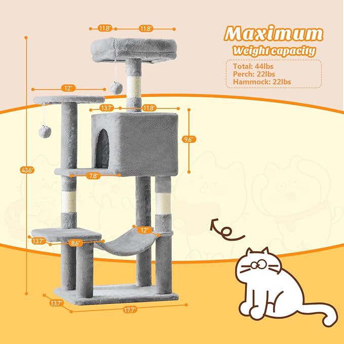 DUMOS 44 Inch Cat Tree Tower with Natural Sisal Scratching Posts | Small Cat Tree with Hammock, Pet Condo for Indoor Cats and Kittens Play, Light Grey - Image 2