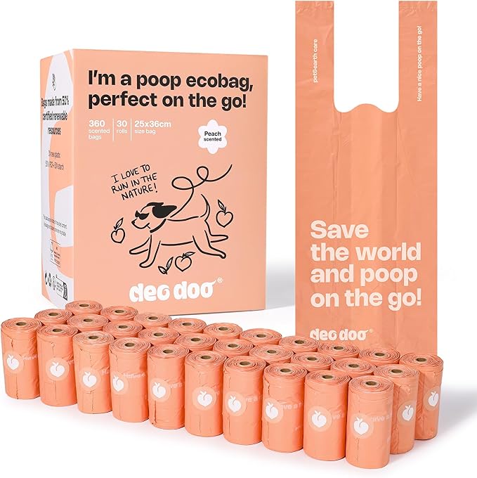 Deo Doo Dog Poop Bags with Handles, 360 Bags, Peach Scented | Easy-Tie, Extra Thick Leak Proof, 30 Refill Rolls for Small and Medium Dog Walks, Pet Waste and Cat Litter Cleanup by DeoDoo