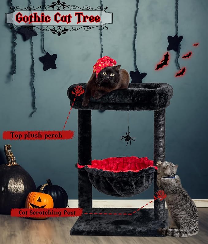 SYANDLVY Gothic Cat Tree with Coffin Bed for Indoor Cats, Activity Tower | Scratching Post for Kittens, Cat Condo Furniture with Basket & Spider Hanging Ball for Play Rest - Image 5