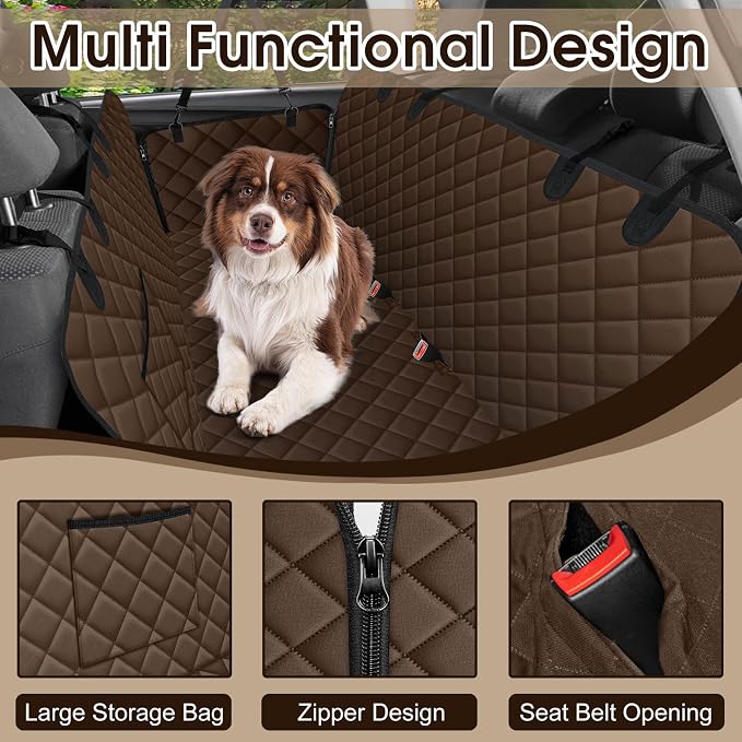 Waterproof Dog Car Seat Cover for Back Seat, Pet Hammock- L, Coffee/Black | Durable waterproof hammock with nonslip design & storage pockets. Protects seats from scratches, fits cars, SUVs & trucks. - Image 3