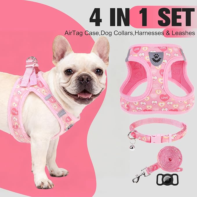 Small Dog Harness and Leash Set - Cute Puppy Harness Leash Dog Collar with AirTag Holder Silicone Case, Soft Padded Step in Pet Vest Reflective for Outdoor Walking, Heart S - Image 7
