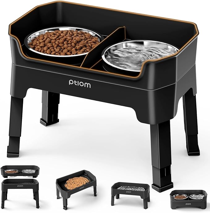 3-in-1 Elevated Dog Bowls Mess Proof Raised Slow Feeder Dog Bowls, 4 Height Adjustable Dog Bowl Stand Licking Plate with 2 56oz Stainless Steel Dog Food Bowls for Small Medium Large Dogs Pets by KPWACD