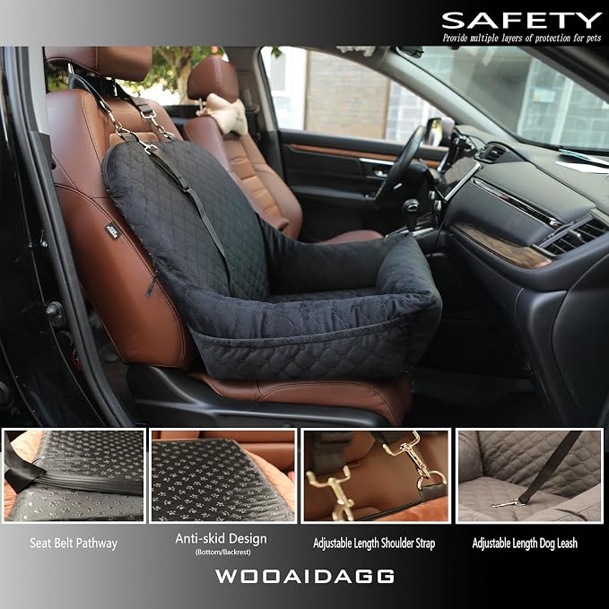 Wooaidagg Dog Car Seat for Small Dogs Up to 25 lbs,Covered Ultra-Soft Fabric and Fill in Memory Foam,Fully Detachable and Washable,2 Clip-On Safety Leashes and Storage Pockets(Black) - Image 4