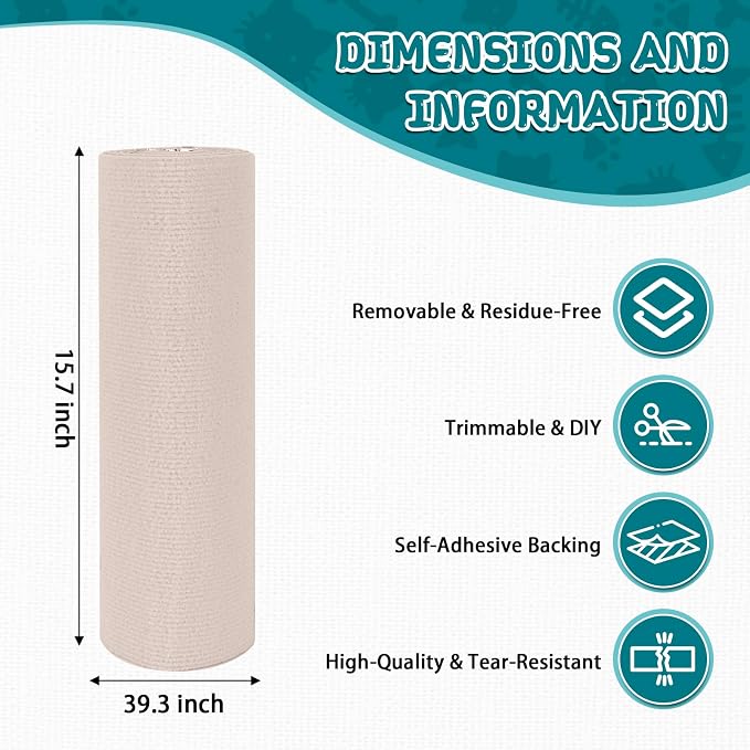 LSGCQ Cat Scratch Mat Self Adhesive Cat Scratch Furniture Protector | Self Adhesive Cat Scratching Mat Replacement for Cat Tree Post Couch Wall Furniture Protector (39.3" x 15.8", Cream White) - Image 2