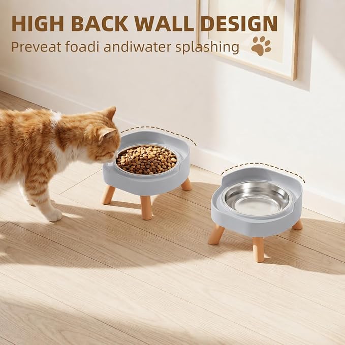 Elevated Cat Bowls, 2P Raised Cat Food and Water Bowl Set for Indoor Cats, Splash Proof with 2 Stainless Steel Pet Food Bowls for Cats ＆ Puppies, Whisker Friendly and Dishwasher Safe - Grey - Image 3