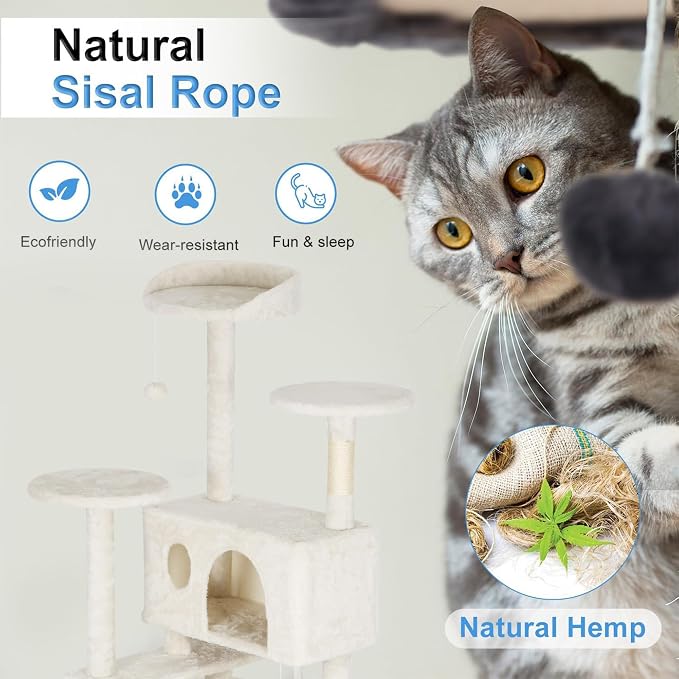 FDW | 62" Cat Tree Tower | Beige | Multi-Level Indoor Activity Center with Sisal Scratching Posts, Condos, Plush Perches, Hanging Cat Toys | Sturdy, Easy to Assemble | for Kittens & Adult Cats - Image 4