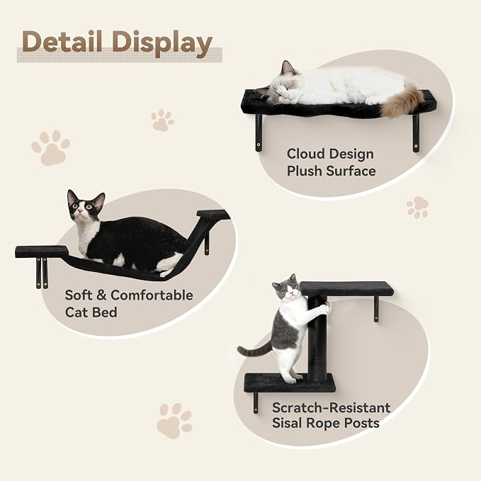 Meecal 6-in-1 Cat Wall Shelves, Wall Mounted Cat Furniture Set with Scratching Posts, Cat Bed & Bridge, Space Saving Cat Climbing Perch for Kittens, Black - Image 4