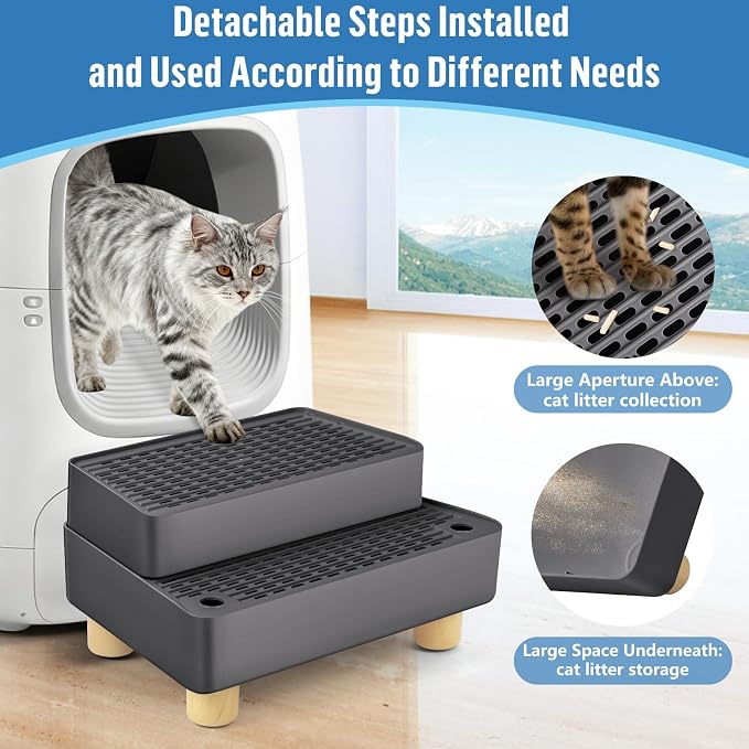 Extra Large 2 Steps Cat Litter Box Step Ramp, Cat Litter Catcher Mat with Wooden Feet, Filter Function, Cat's Pedal Stool for Self-Cleaning Litter, Suitable Kitten & Elderly Cats (Dark Grey) - Image 3