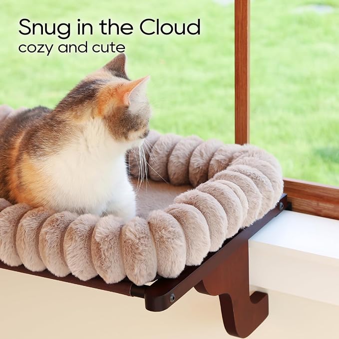 Zakkart SnugCloud Cat Window Perch with 4-Sided Bolster - Orthopedic Cat Hammock for Window Sill - Solid Hardwood & Metal Frame - Window Seat for Pets (Dark Stained Wood w/Brown Bed, Large) - Image 2