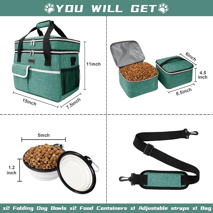 BAGLHER Dog Travel Bag for Supplies - Double-Layer Airline Approved Weekend Pet Travel Organizer Set for Dog and Cat Tote with 2 Pet Food Containers and 2 Collapsible Silicone Bowls Green - Image 2