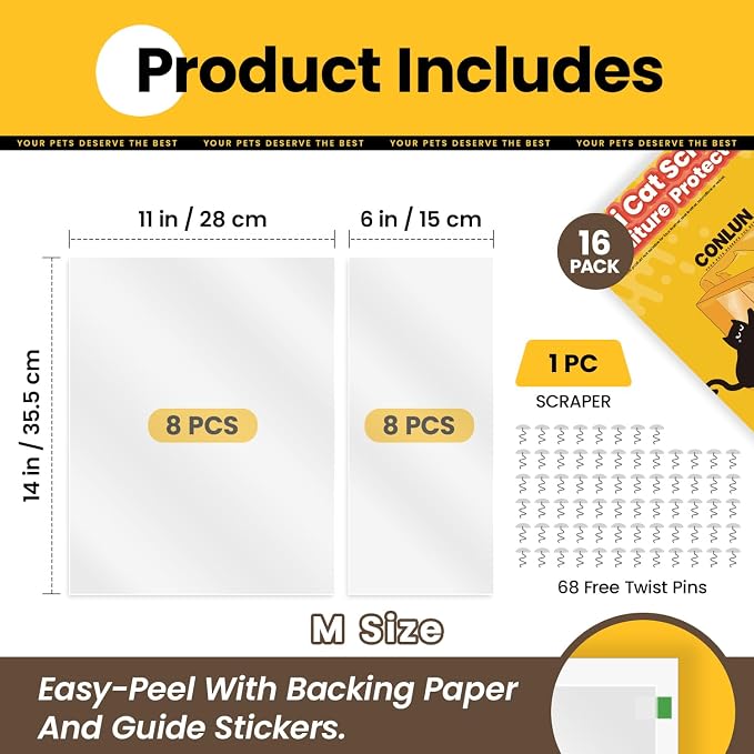 Conlun Cat Scratch Furniture Protector 16-Pack 14in Clear Adhesive Sheets | Flexible Adhesive | ecures fabric sofas | residue free | easy peel guide | flawless fit scraper | Cat Deterrent Pad - Image 3