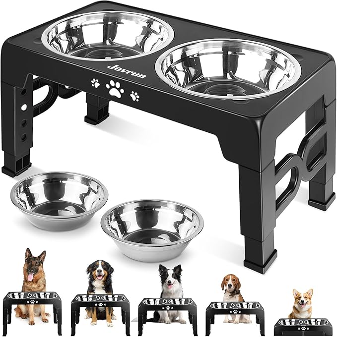 Jovrun Elevated Dog Bowls for Medium Large Size Dogs, Non-Slip Dog Feeder with 2 Stainless Steel Dishes, 5 Heights Adjustable Raised Bowls to 3.15″-8.66″-9.84″-11.02″-12.2″ by Jovrun