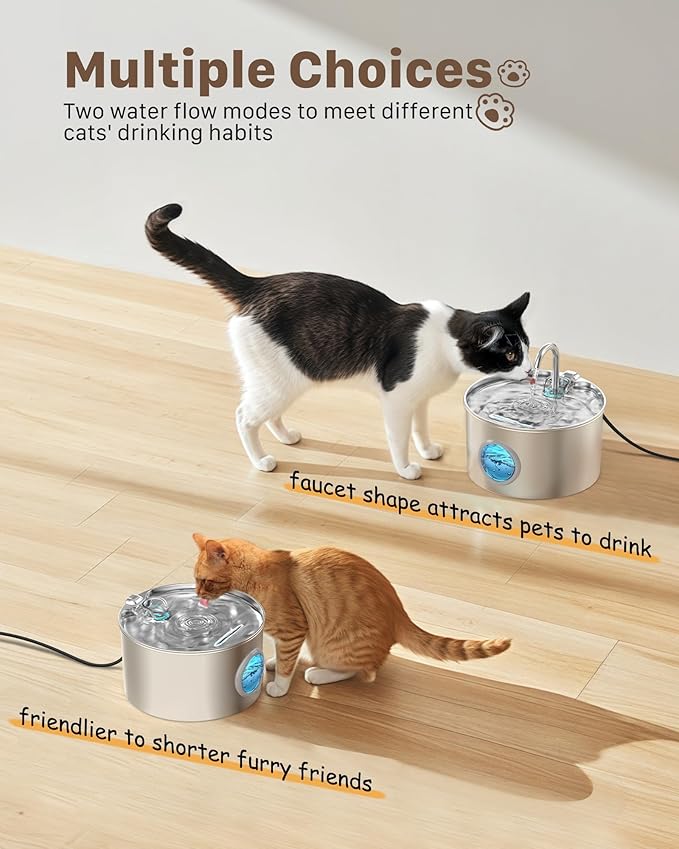 Cat Water Fountain Stainless Steel: Cat Fountain for Drinking with 6 Filters + 3 Sponges - 74oz/2.2L Pet Water Fountain for Cats Inside - Quiet Cats Water Bowl Dispenser - Kitten Drinking Fountains - Image 6