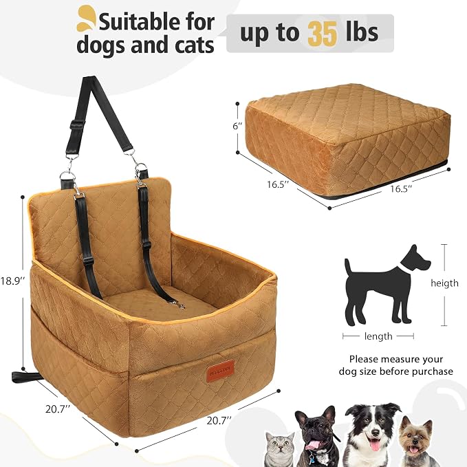 HEGGCOOE Dog Car Seat for Small Medium Dogs, Memory Foam Dog Booster Seats with Thick Cushion for Dogs Under 35lbs, Detachable Washable Pet Car Seat Travel Bed with Storage Pockets,2 Safety Belt - Image 3