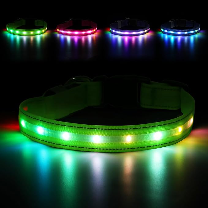 LED Dog Collar, RGB Light Up Dog Collar USB Rechargeable 6 Modes | Waterproof Light Up Dog Collar with Soft Nylon Comfort, Adjustable Fit for Small Medium Large Dogs Neon Green M by Jewyow