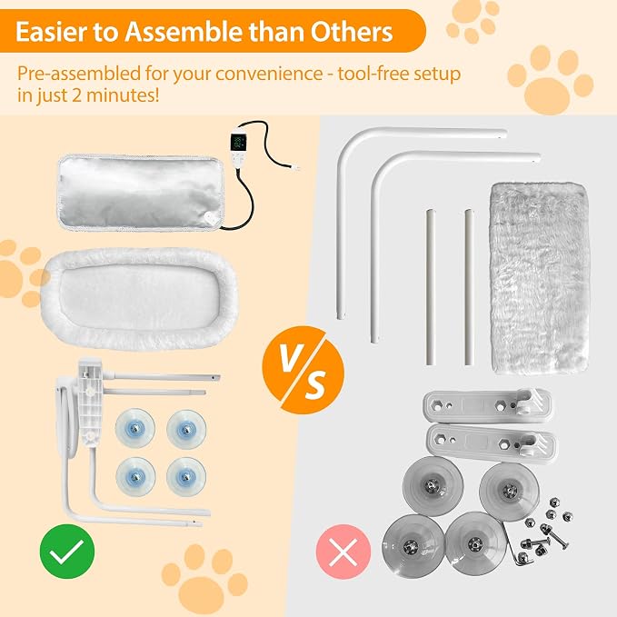 L&W BROS. 2PC Cat Heated Window Perches with Adjustable Thermostat & Timer – Dual Hammocks with Strong Suction Cups, Easy-to-Clean Warm Beds for Multi-Cat Homes, Holds Up to 50lbs Each (L 2PC) - Image 7