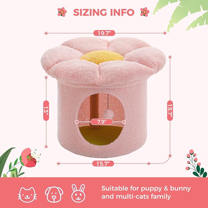 PETEPELA 20" Cute Cat Tree House with Removable Flower Bed, Pink | Small Cute Cat Tree House with Removable Flower Cat Bed, Cat Hideaway, Indoor Cat House Condo, Cat Accessories - Image 5
