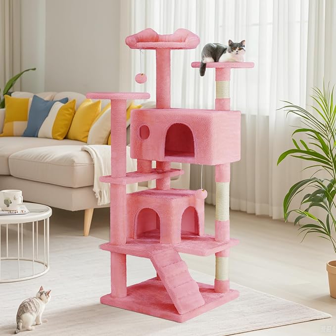 DUMOS 54-inch Cat Tree Tower with Scratching Posts, Indoor Use | Multi-Level Pet House for Large Cats with 2 Condos, Round Platform, Small Ladder and Toys, Pink - Image 5