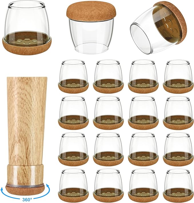 16 Pack Chair Leg Floor Protectors for Hardwood Floors, Round Rubber Furniture Sliders, 360°Felt Pad Bottom Wrapped Thickening Silicone Furniture Legs Caps Covers(Round,Clear-Brown-L) by Yarehand