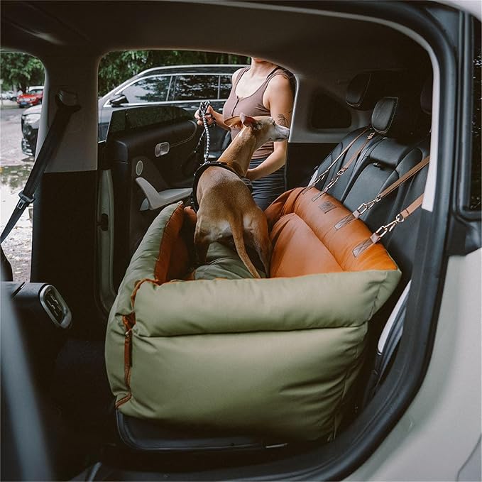 FUNNY FUZZY Leather Dog Car Seat for Large Size Dogs, Pet Booster Car Seats | Waterproof Car Seat with Safety Clip-On Leash, Soft Fabric Car Dog Bed Filling Memory Cotton, Washable Travel Pet Bed(Green) - Image 8
