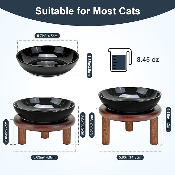 SPUNKYJUNKY Extra Wide Elevated Ceramic Cat Bowl with Acacia Wood Stand Whisker Friendly (Cat Paw Pattern, 2 Pack, Black) - Image 2