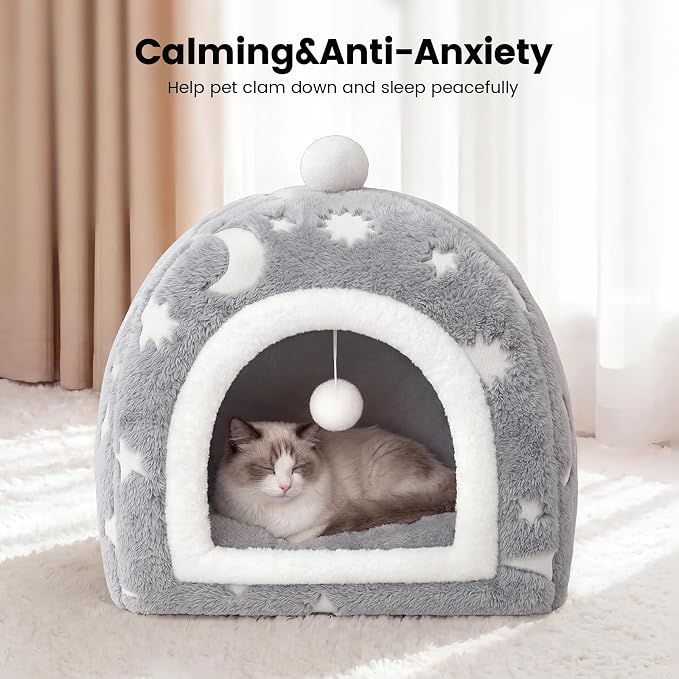 Glow in the Dark Cat Cave Bed, 2-in-1 Foldable Indoor Cat Tent Cat House | 17.3"x17.3"x18"Luminous Starry Cave with Removable Washable Cushion,Hanging Toy Ball,Non-Slip Bottom Mat for Cats Small Dogs - Image 5