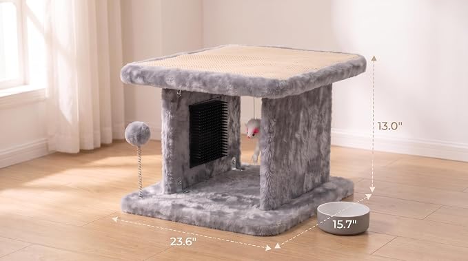 Large Cat Bed with Scratching Post and Combing Board, Sturdy and Durable, Ideal for Small Breeds | Large plush cat tunnel with a removable sisal scratch pad, grooming brush, hanging toys, and spacious hideaway for cats. - Image 3