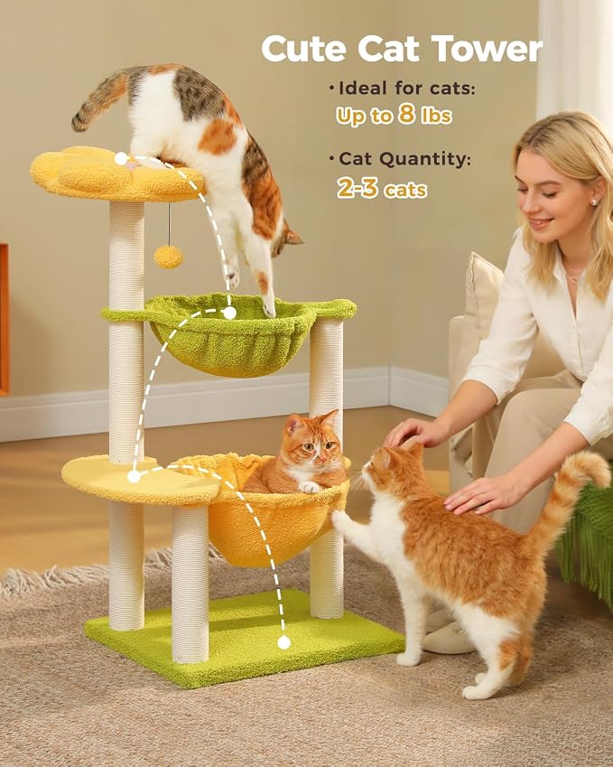 37.4" Flower Cat Tree with 2 Hammocks & 6 Sisal Posts, Yellow | Flower top perch, 2 spacious hammocks, 6 sisal posts, Cute small tower, For indoor kittens, Sturdy build - Image 2