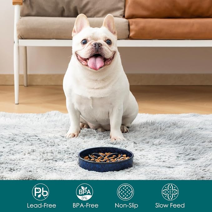 vancasso Ceramic Slow Feeder Dog Bowls, Puzzle Dog Food Bowls with Floral Maze, Anti -Slip Pet Food Dish for Small Breed, 0.6 Cups, Blue - Image 3
