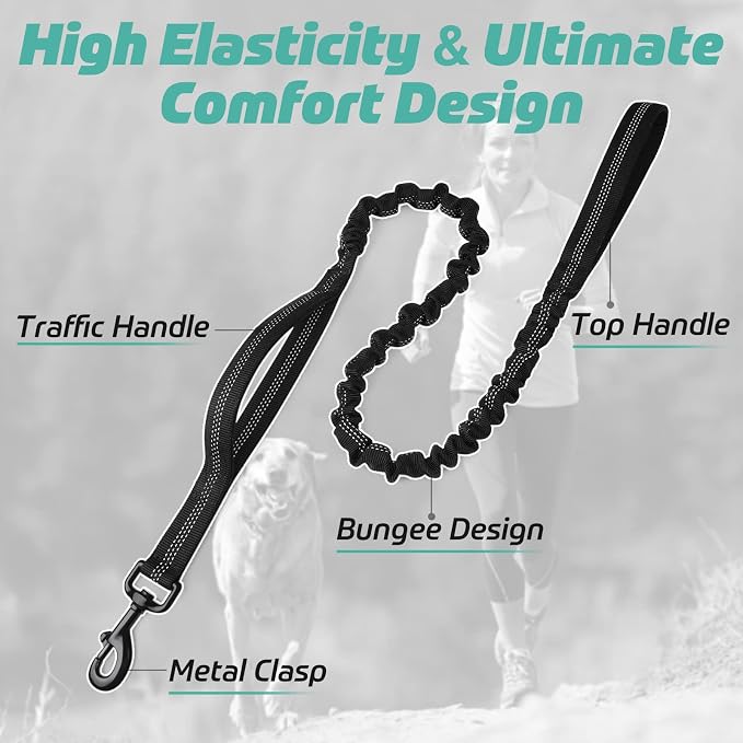 rabbitgoo Tactical Dog Leash, Heavy Duty Training Bungee Lead | Military Leash with 2 Padded Control Handles for Medium Large Dogs, No Pull for Shock Absorption, Reflective, Black, 5.2FT - Image 4