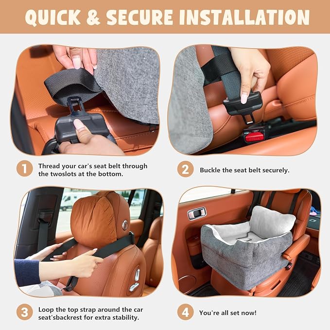 Avont Dog Car Booster Seat for Small/Medium Dogs Under 30 lbs, Elevated Puppy Carseat, Front Seat Pet Car Bed -Grey - Image 4