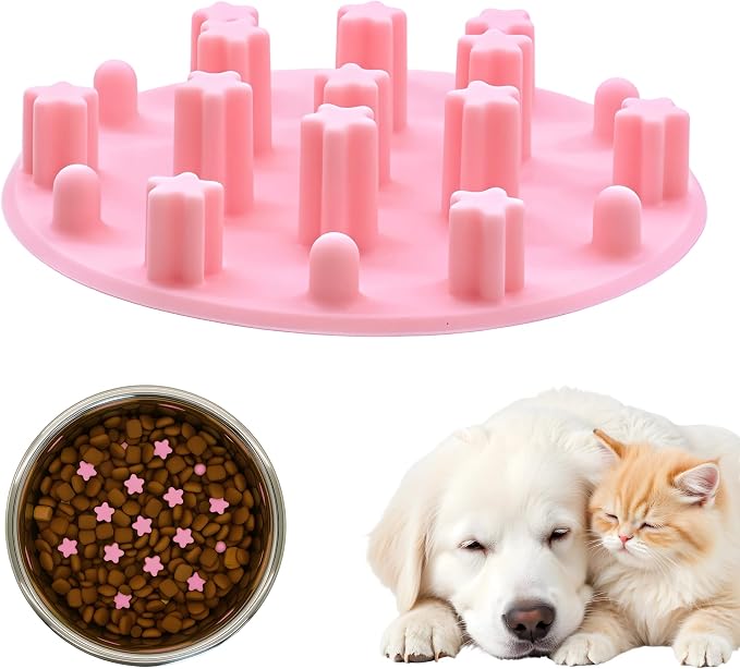 Slow Feeder Insert for Cat Dog Bowls, Anti-Choking Silicone with Strong Suction Cups, Fits Most Cat Bowls, Ideal for Puppy Small Medium Breeds (Pink) by Unknown