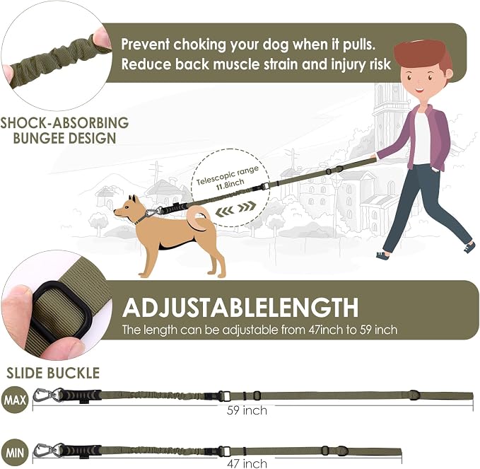 Hotsky Tactical Bungee Shock Absorbing No Pull Dog Leash,Army Green,4-6FT | Heavy Duty for Medium Large Dogs That Pull up to 660 lb,with Padded Double Handle ＆ Car Seatbelt,360°Rotating Locking Clasp - Image 6