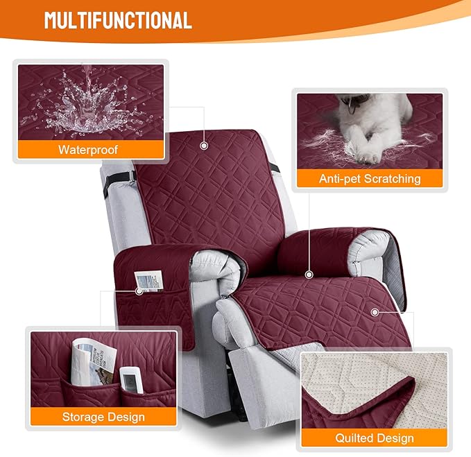 VANSOFY 100% Waterproof Recliner Chair Covers Washable, Burgundy, 28" | Non-Slip, Slipcover with Pocket, Furniture Protector, Elastic Straps, Chair Cover for Pets, Dogs - Image 4