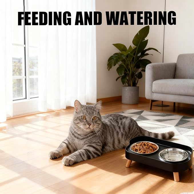 Elevated Cat Bowls, 2 Stainless Steel Raised Cat Food and Water Bowl Set, Splash Proof & Non-Slip, Whisker Fatigue Friendly, Dishwasher Safe for Cats and Small Dogs - Black - Image 5
