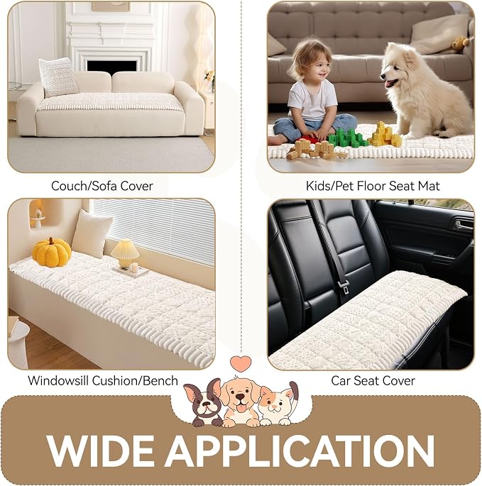 OTOB All Seasons Sofa Covers for 3 Cushion Couch Washable, Geometric Jacquard Fuzzy Non-Slip Pet Couch Cover, Kids Pet Friendly Soft Plush Sofa Slipcovers Dog Bed Mats (Off White, 27.6" x 70.9") - Image 7