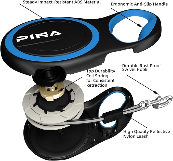 PINA Retractable Dog Leash, 26ft Dog Leash for Small Medium Large Dogs Up to 110lbs, 360° Tangle-Free Strong Reflective Nylon Tape, with Anti-Slip Handle, One-Handed Brake, Lock - Black Blue - Image 3