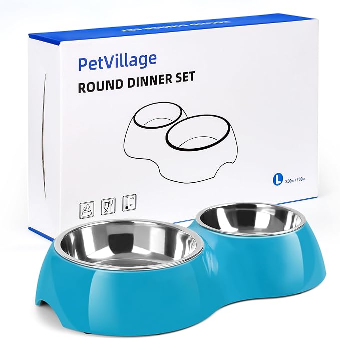 Elevated Dog Bowls Set - Non-Slip Raised Pet Feeder with Medium (2 Cups) & Large (4 Cups) Stainless Steel Bowls - Includes Durable Resin Stand for Puppies, Adult Dogs & Cats - Blue by Petvillage