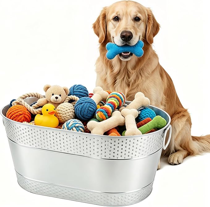 Indestructible Metal Dog Toy Storage Bin, Silver Pet Toy Storage Basket for Living Room Area, Sturdy Chew Proof Puppy Toy Box with Handle, Large Capacity 25 Quart by ArtificialPlants