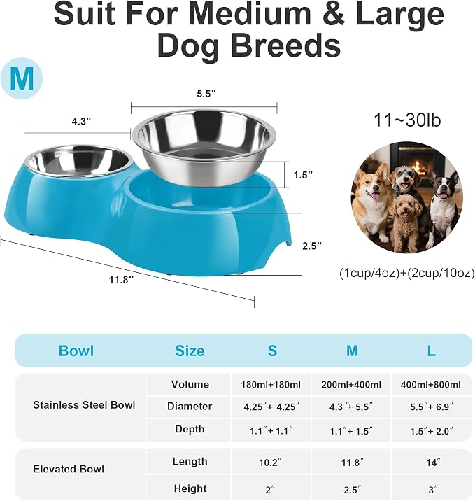 Double Dog Bowls and Food Bowls,Includes Small (4 fl oz) & Medium (10 fl oz) & Non-Slip Resin Station,Pet Feeder for Puppy Medium Dogs Cats - Blue - Image 2