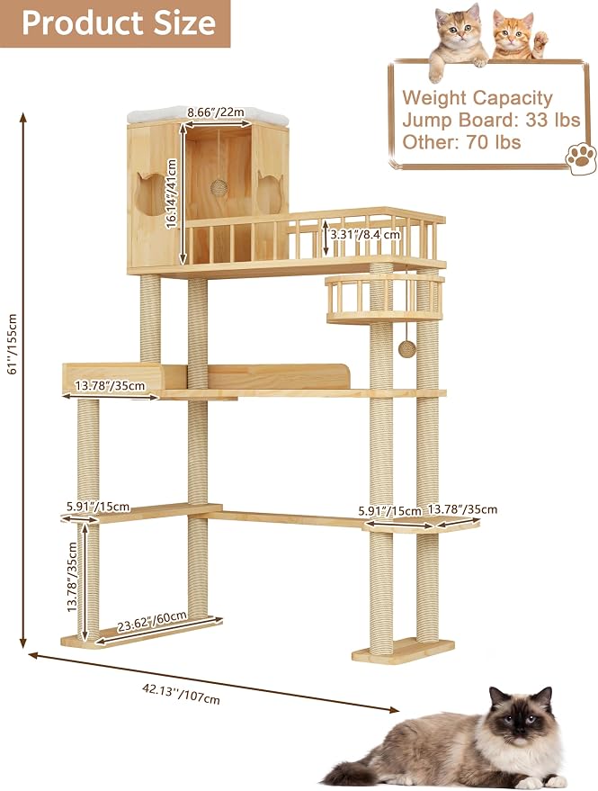 Corner Cat Tree for Automatic Litter Box, 6 Tier Cat Tower, 61''H | Wood Cats Tower for Self Cleaning Litter Box, Cat Tree for Indoor Adult Cats, Solid Wood Cat Furnitue w/12Pcs Scratching Post - Image 2