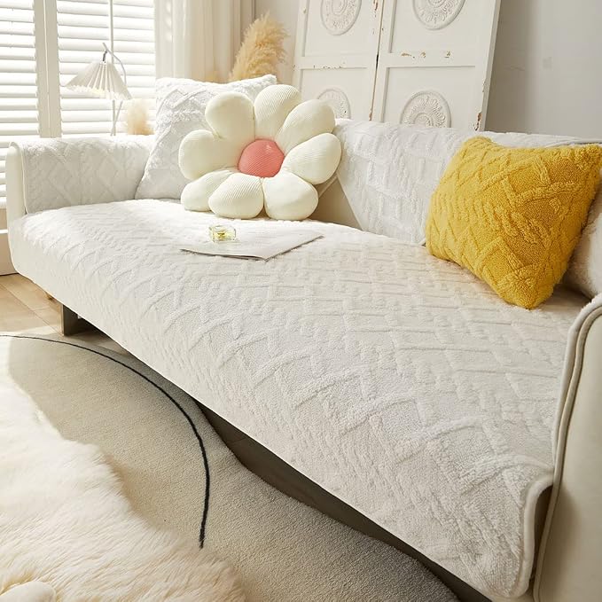 vctops Geometric Jacquard Plush Sofa Couch Covers Farmhouse Neutral Non Slip Sectional Couch Cover Soft Warm Sofa Slipcover for Dogs, Children, Pets Furniture Protector (White,28"x82") - Image 6