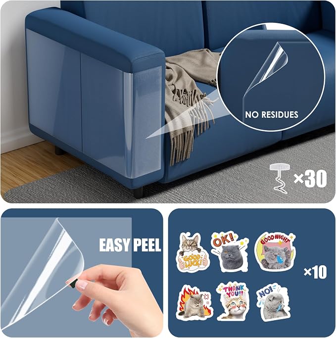 10PC & 30 PINS Sticks Securely Cat Scratch Furniture Protector-10 Pack Thicken Self-Adhesive Single Side Couch Protector from Cat Claws Scratching,Anti Scratch Deterren Protectors (10PC-30 PINS) - Image 2