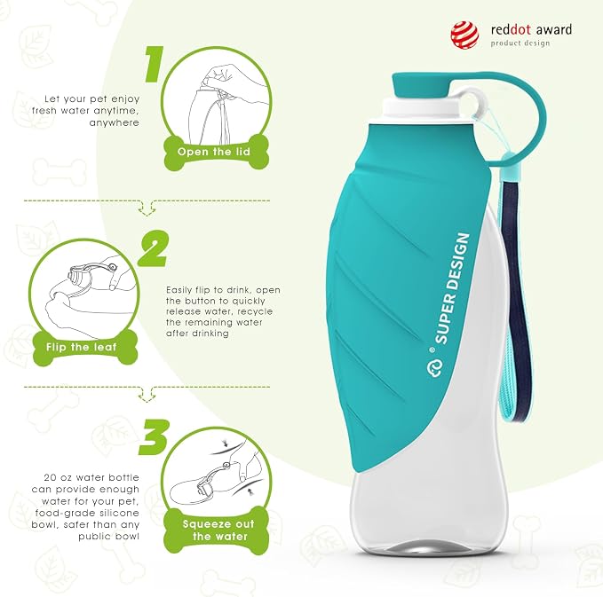 SUPERDESIGN Dog Water Bottle, Portable Dog Water Bottle for Small to Large Dogs, Leak Proof Dog Travel Water Bottle, Large Leaf Travel Water Bowl for Dogs and Dog Walking Accessories (19.6OZ, Blue) - Image 2